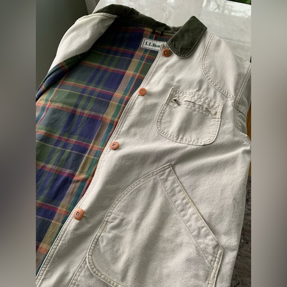Vintage L.L. Bean Chore Jacket Men’s Large Tan Canvas Plaid Lined Relaxed Flawed - Picture 5 of 16